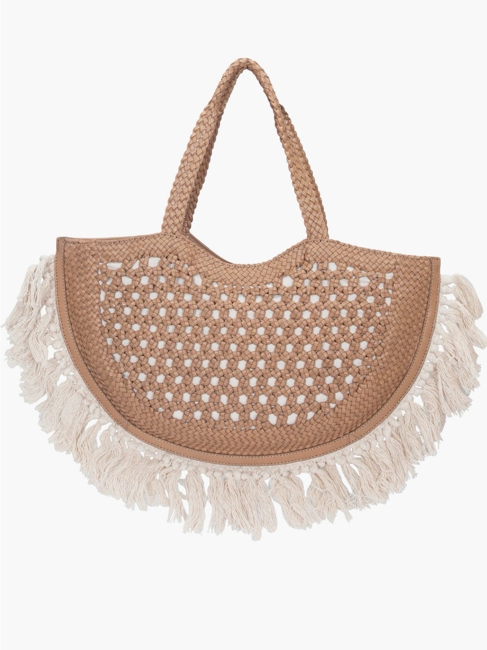 NWT Frye Ella Woven Leather Fringe Tassel Tote Bag Beige Taupe $350